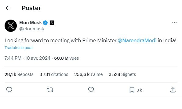 Musk va rencontrer Modi en Inde, en quête d'investissements dans les véhicules électriques